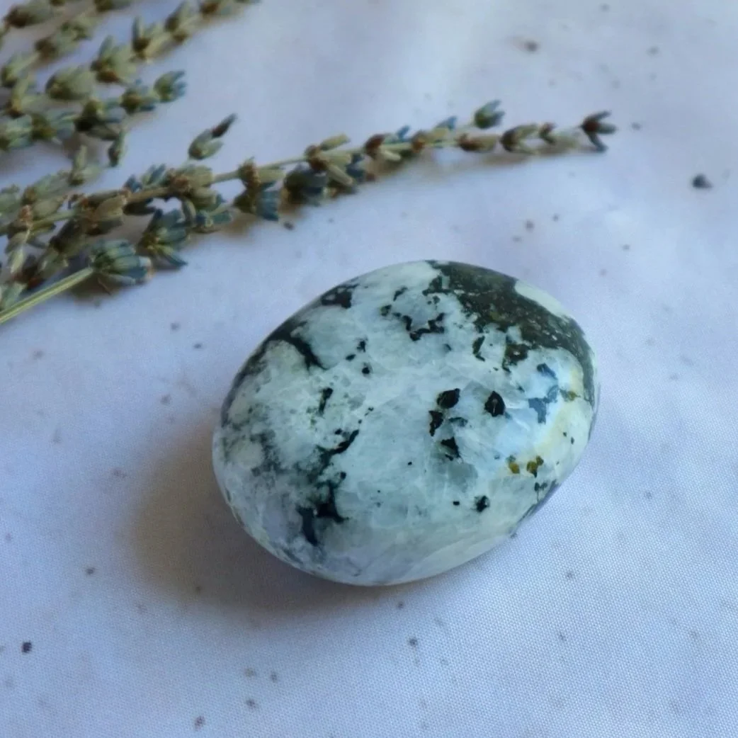 Large Rainbow Moonstone palm stone with natural dark inclusions