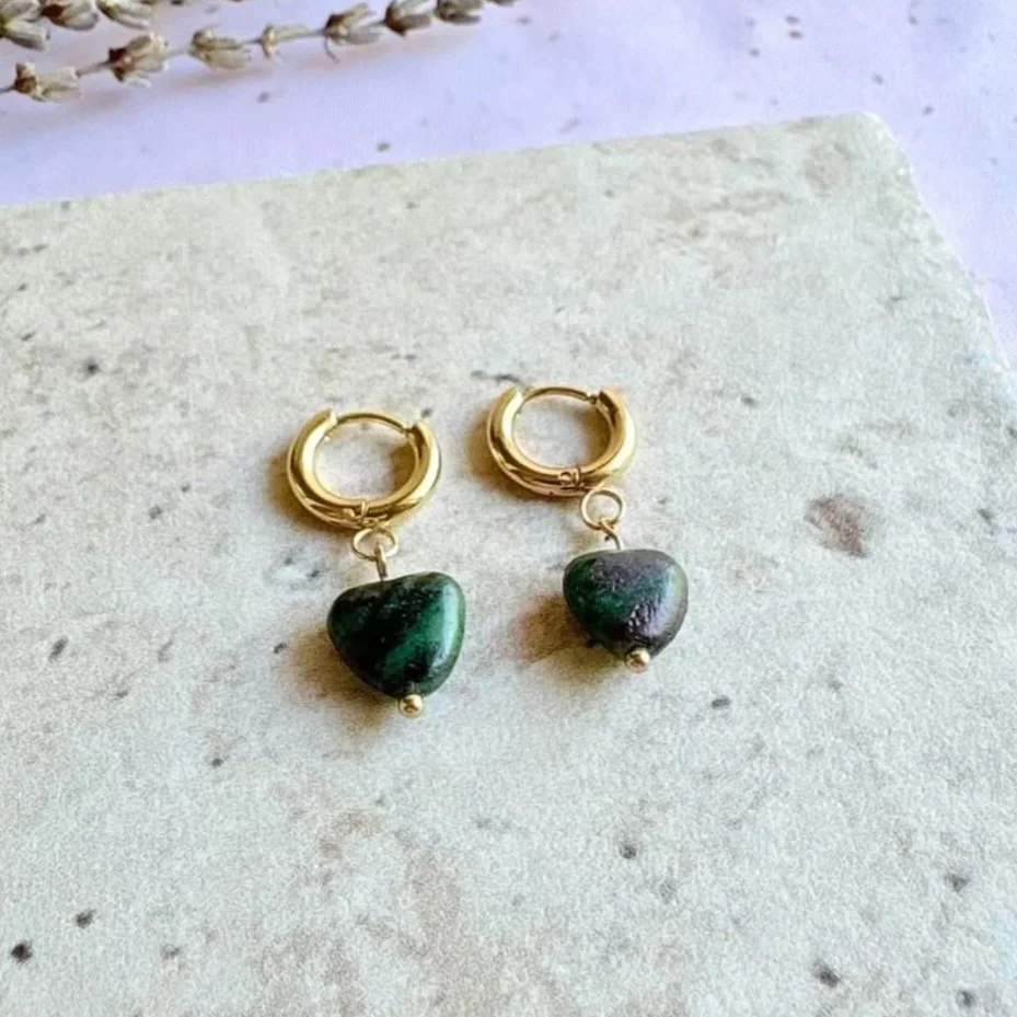 Natural Ruby Zoisite crystal heart earrings featuring green Zoisite and ruby inclusions