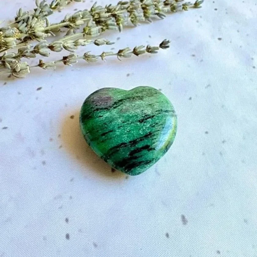 Ruby Zoisite heart associated with vitality, emotional balance, and personal growth