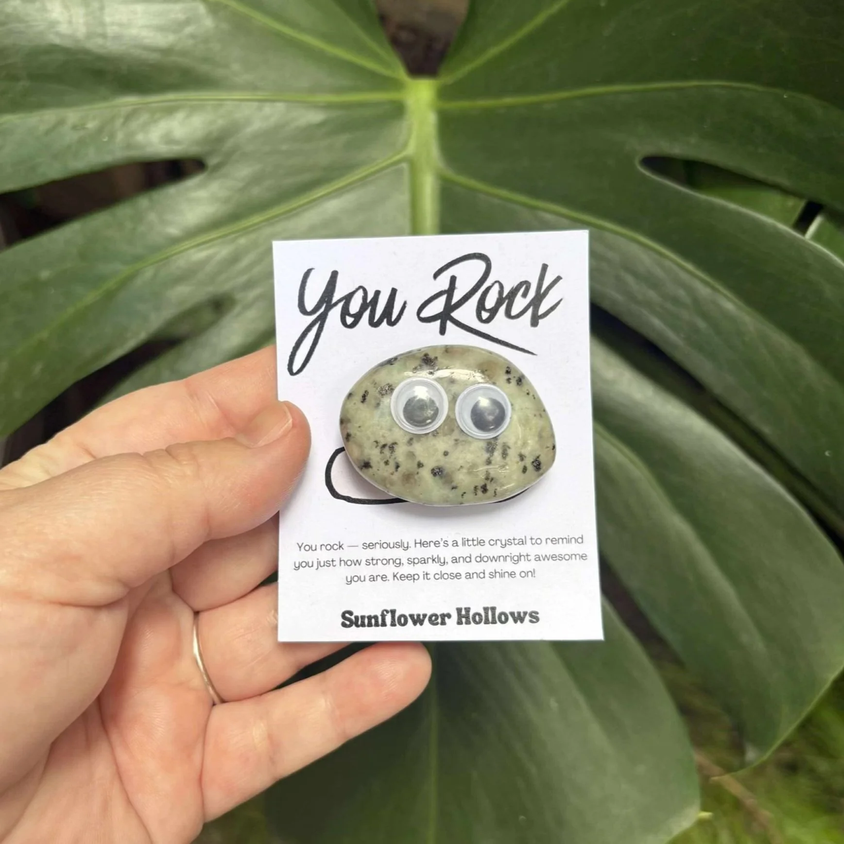 Dalmatian Jasper pocket token with playful googly eyes, a sparkly crystal charm reminding you that you rock