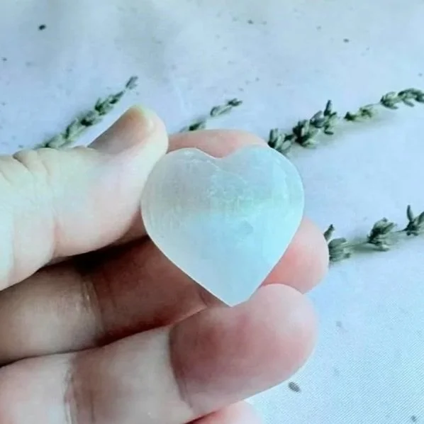 Polished Satin Spar crystal puff heart commonly sold as Selenite