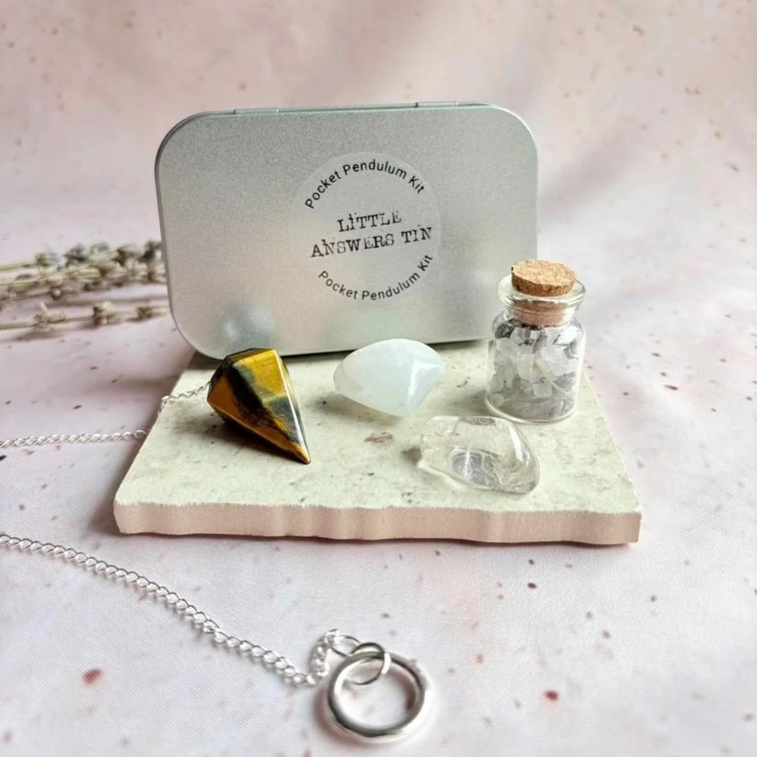 Little Answers Tin pocket pendulum kit with crystals and pendulum board