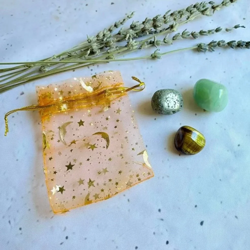 Abundance crystal pack in a reusable organza pouch