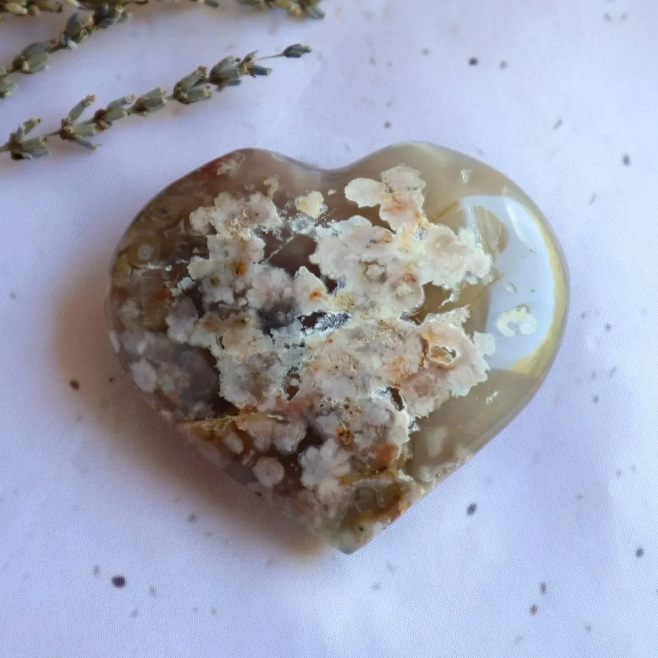 Flower Agate statement heart with soft pink and earthy natural tones