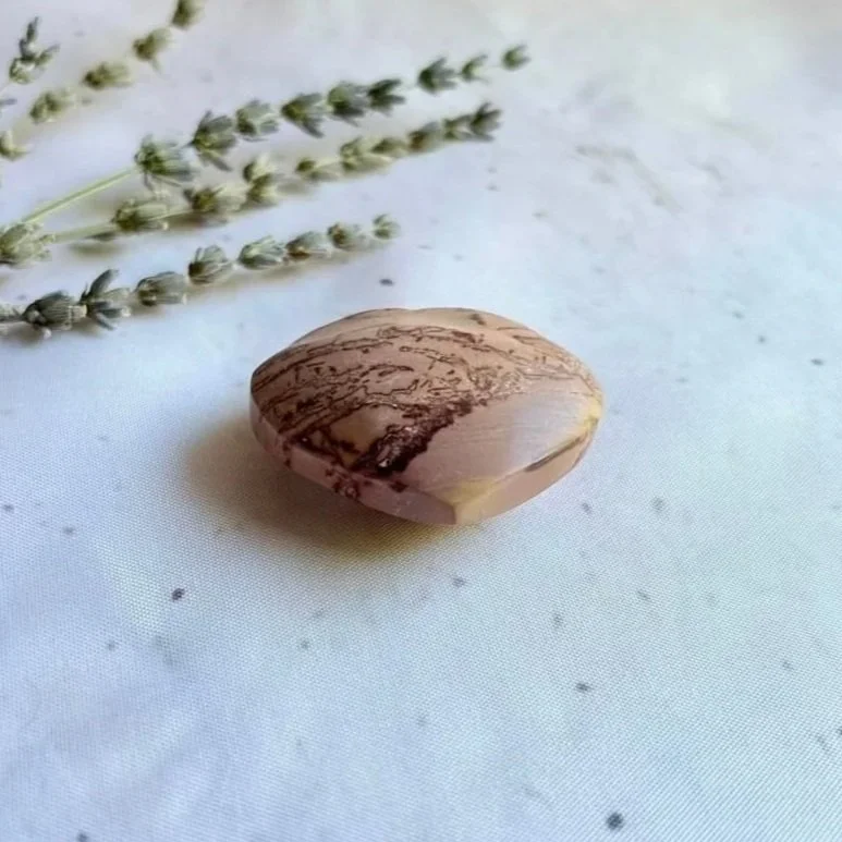 Polished Picture Jasper crystal heart displaying unique earthy landscape patterns