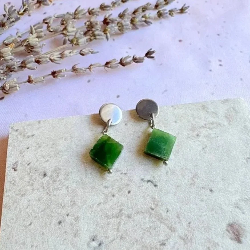Natural green Jade crystal drop earrings with 1cm diamond-shaped beads-compressed.jpg