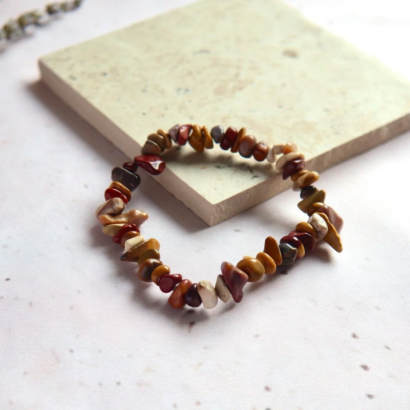 Mookaite bracelet displaying the colourful natural patterns and earthy tones of Australian Mookaite