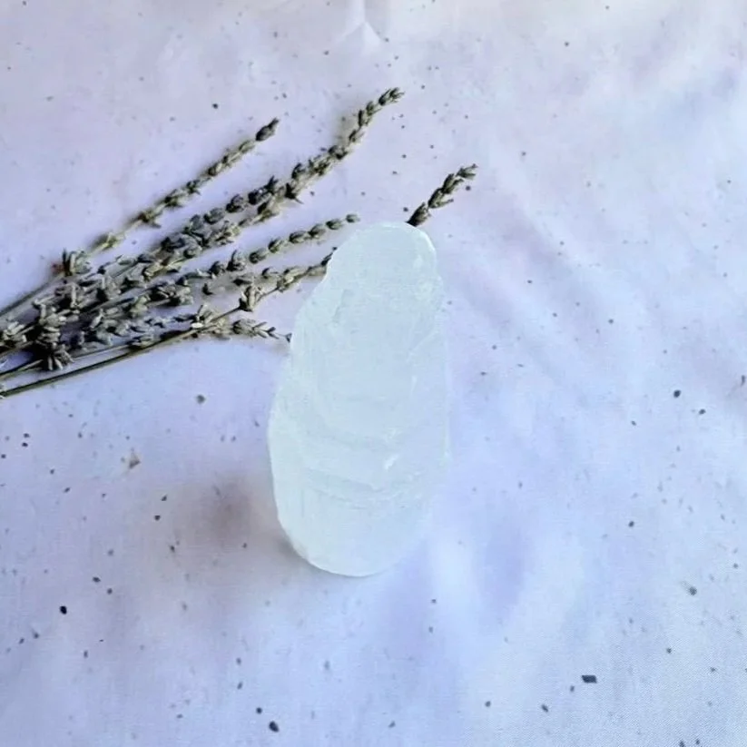 Satin Spar crystal tower, commonly sold as Selenite, featuring natural fibrous layers