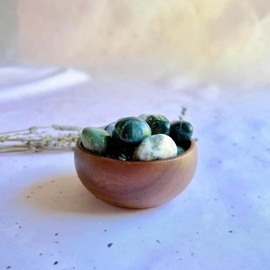 Natural Moss Agate tumble stone with unique green moss-like inclusions