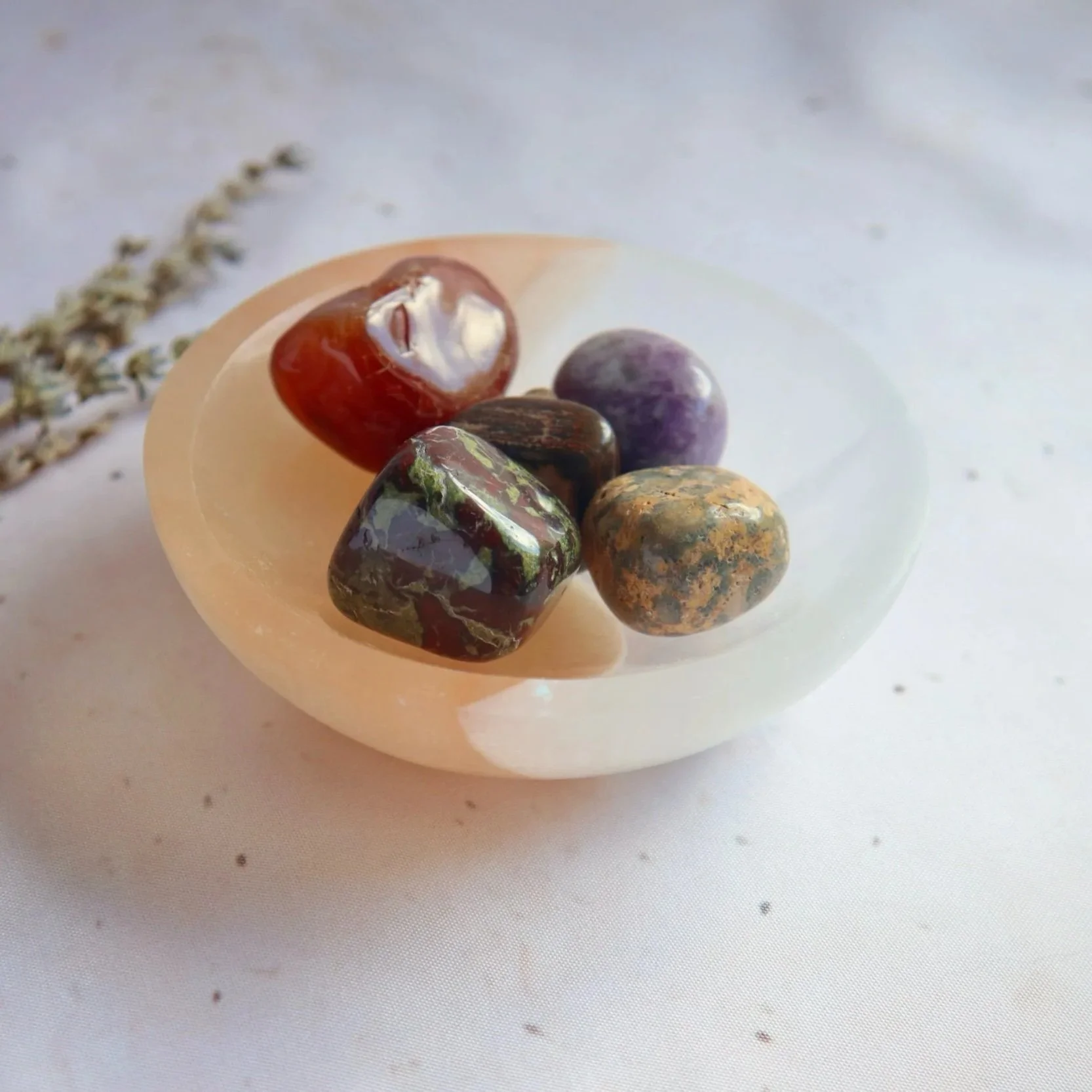 Peach and white Satin Spar crystal round bowl with yin-yang-inspired contrasting design