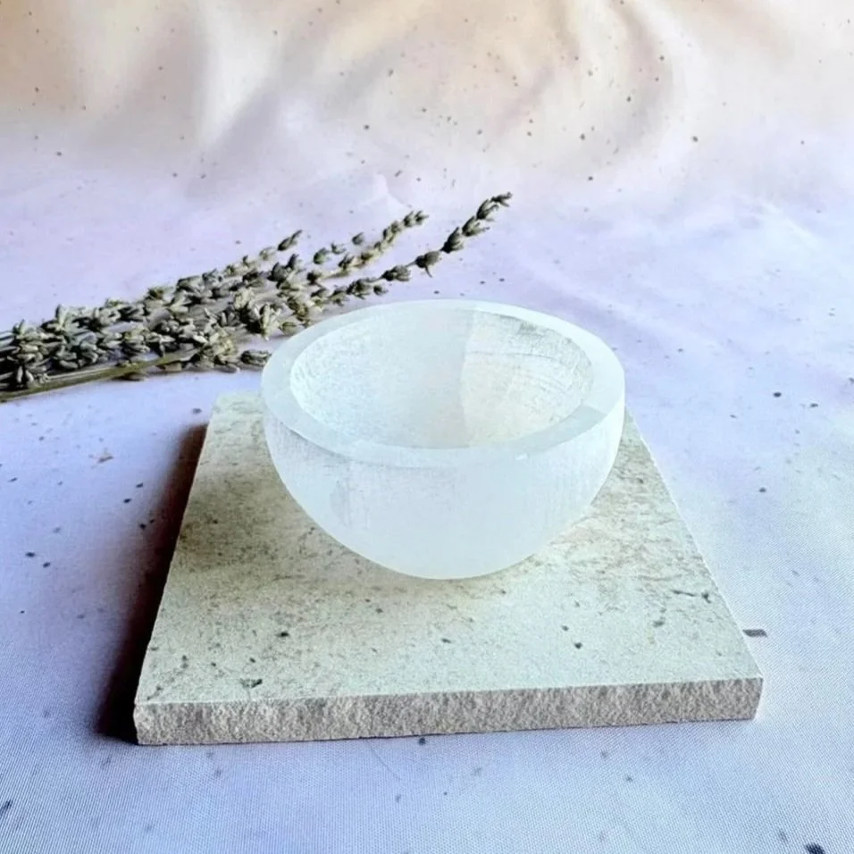 Satin Spar display bowl featuring natural fibrous patterns and silky glow