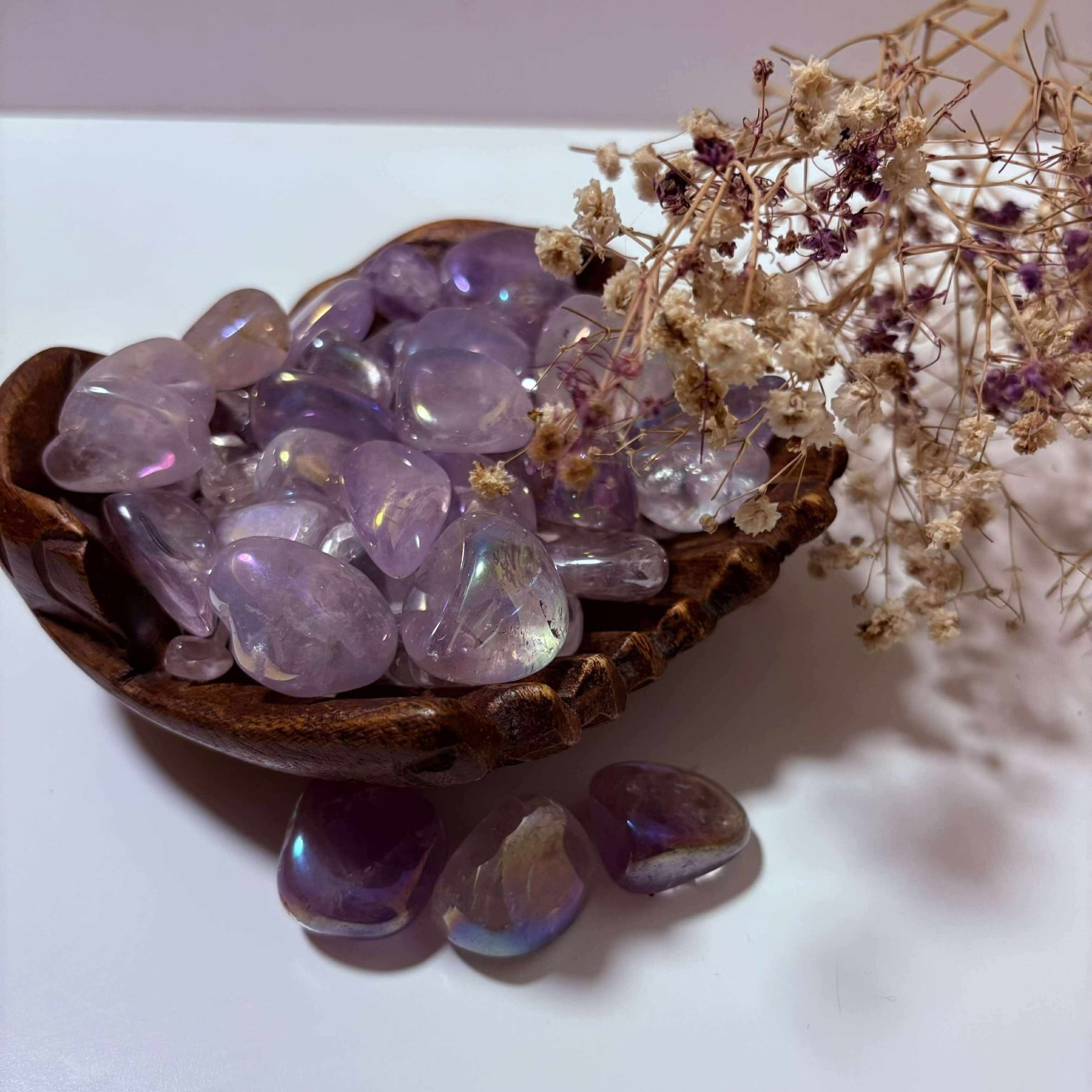 Iridescent Aura Amethyst tumbled stone, colorful healing crystal with calming and uplifting properties