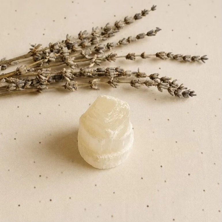 Satin Spar crystal tower, commonly sold as Selenite, featuring natural fibrous layers