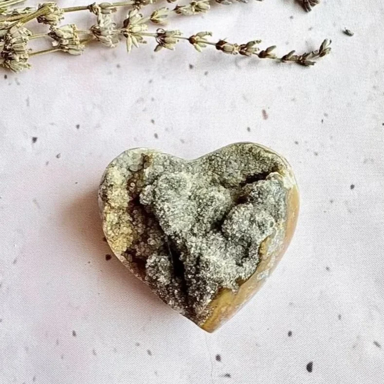 Black Amethyst druzy heart measuring approximately 6cm wide with sparkling crystal coverage