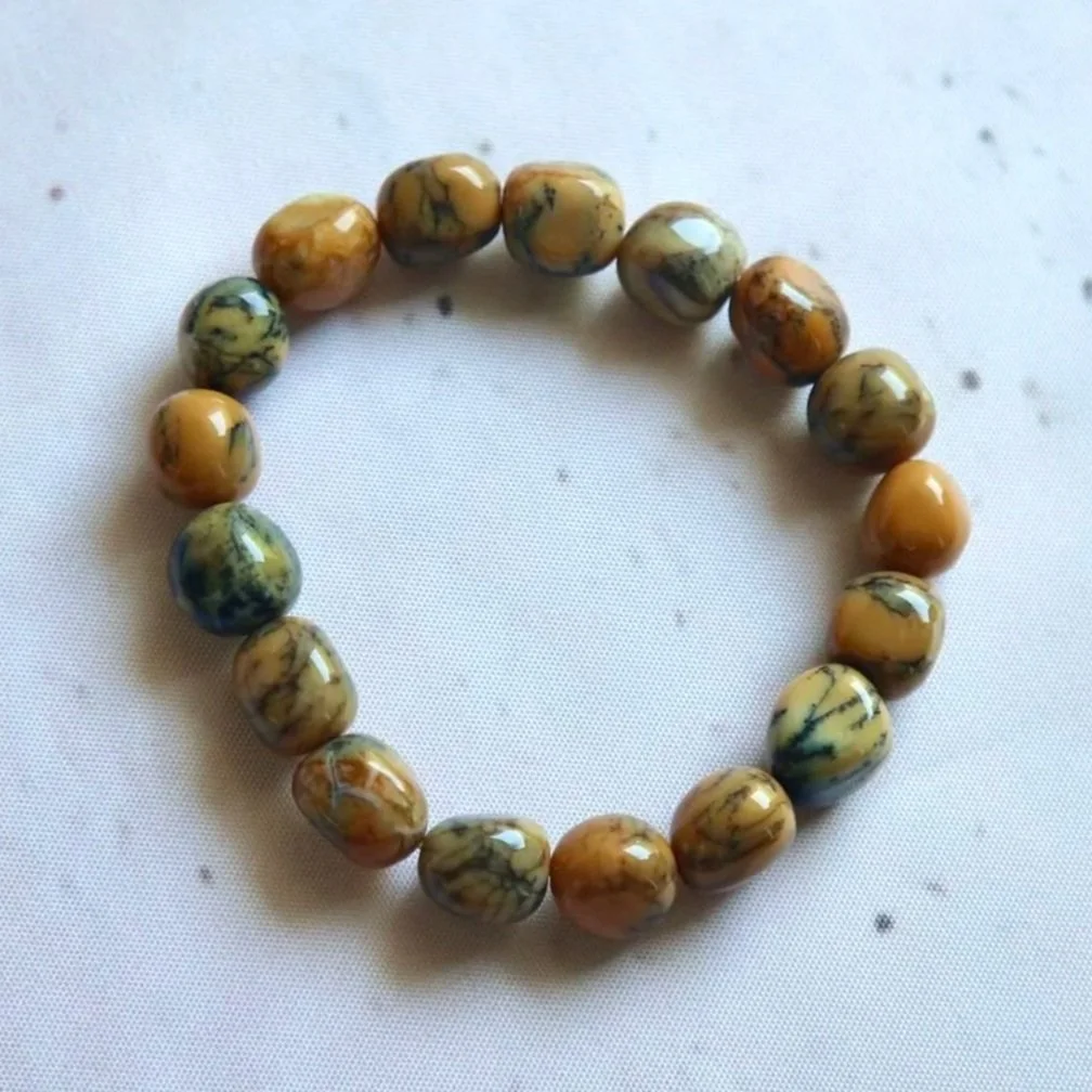 Australian Moss Opalite tumble bead bracelet featuring natural earthy tones and distinctive moss-like patterns