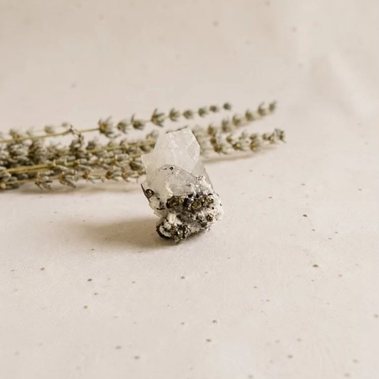 Sparkling Quartz cluster with natural Pyrite inclusions and metallic lustre