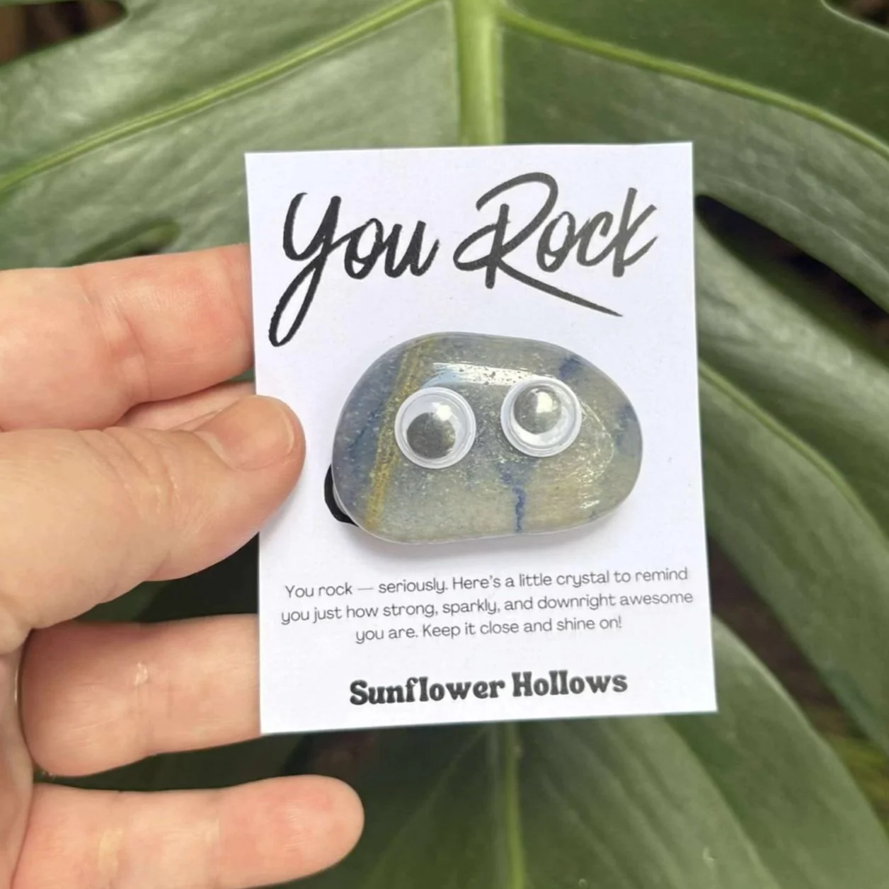 You Rock pocket token featuring Blue Quartz and playful googly eyes
