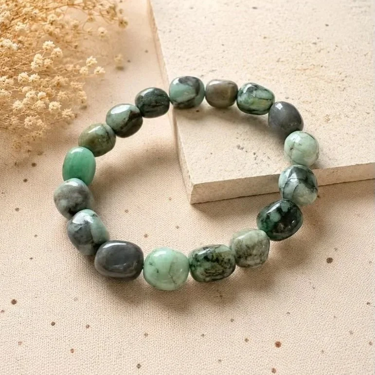 Natural Emerald crystal bracelet with genuine green gemstone beads on stretch elastic