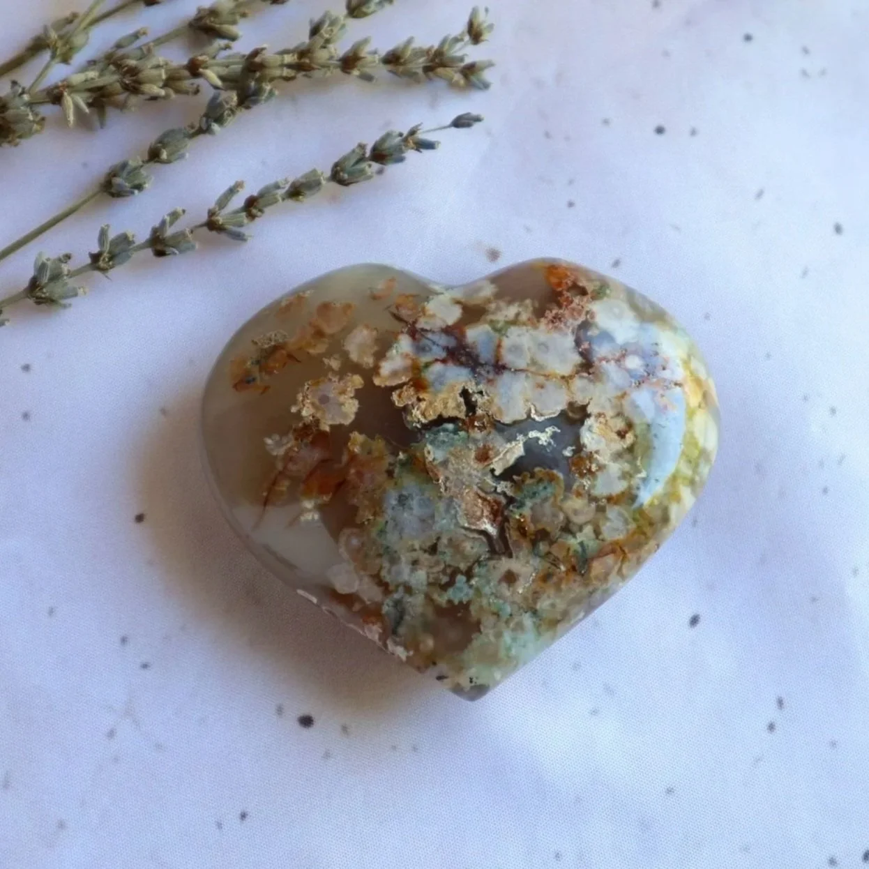 Exact Flower Agate crystal heart with natural pink and cream patterns