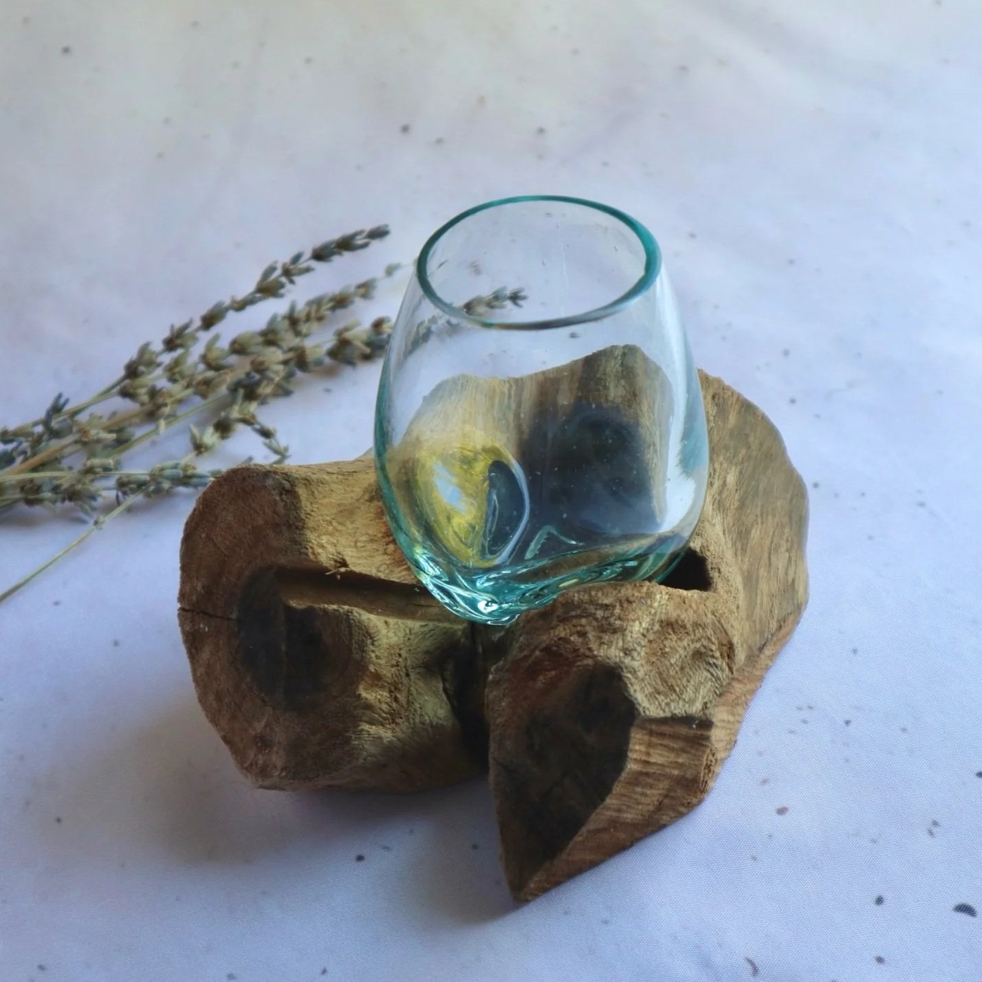 Glass crystal display bowl with wooden base