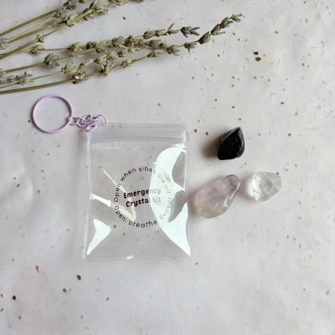 Emergency Crystal Kit with Clear Quartz, Amethyst, and Black Tourmaline tumbles