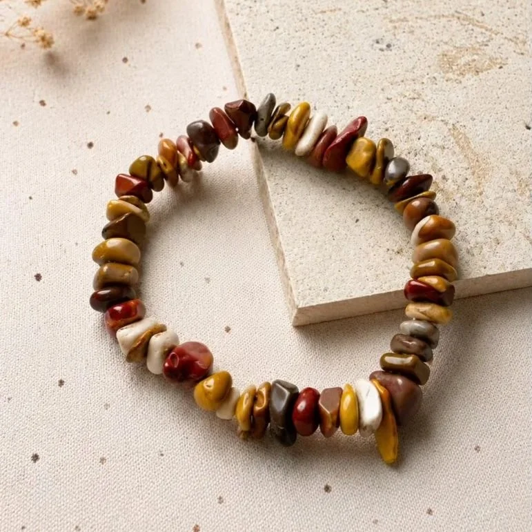 Natural Mookaite chip bracelet featuring earthy red, yellow, cream, and burgundy crystal chips