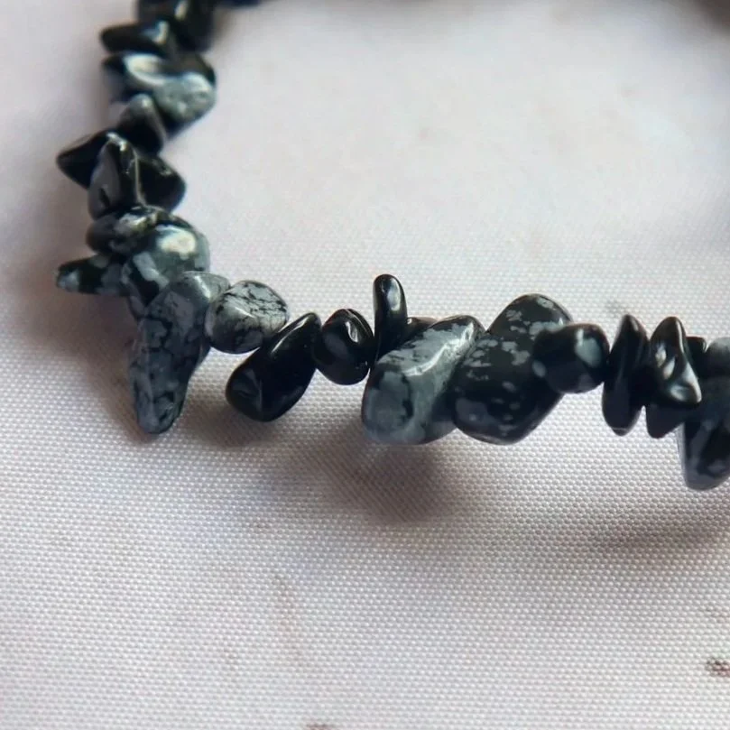 Natural Snowflake Obsidian crystal chip bracelet with irregular polished black and white stone pieces