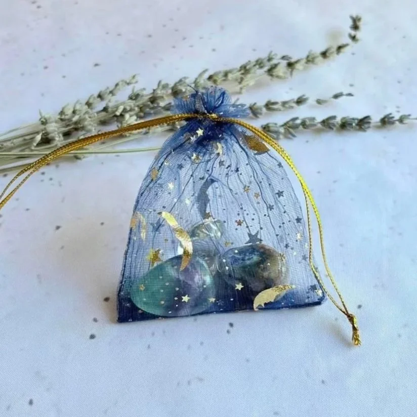 Study Buddy crystal pack with Rainbow Fluorite, Sodalite, and Clear Quartz tumbles