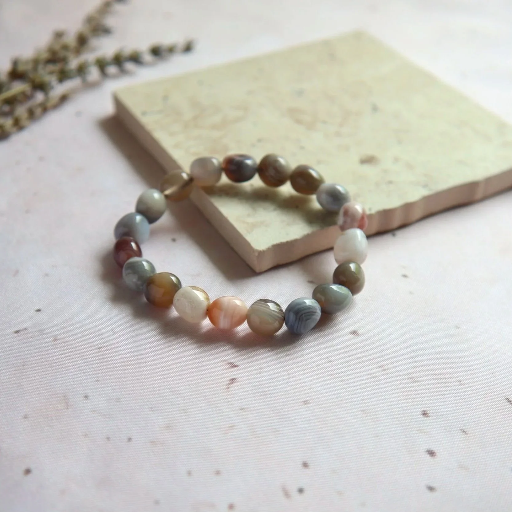 Natural Botswana Agate crystal bracelet with smooth tumble beads and distinctive patterns