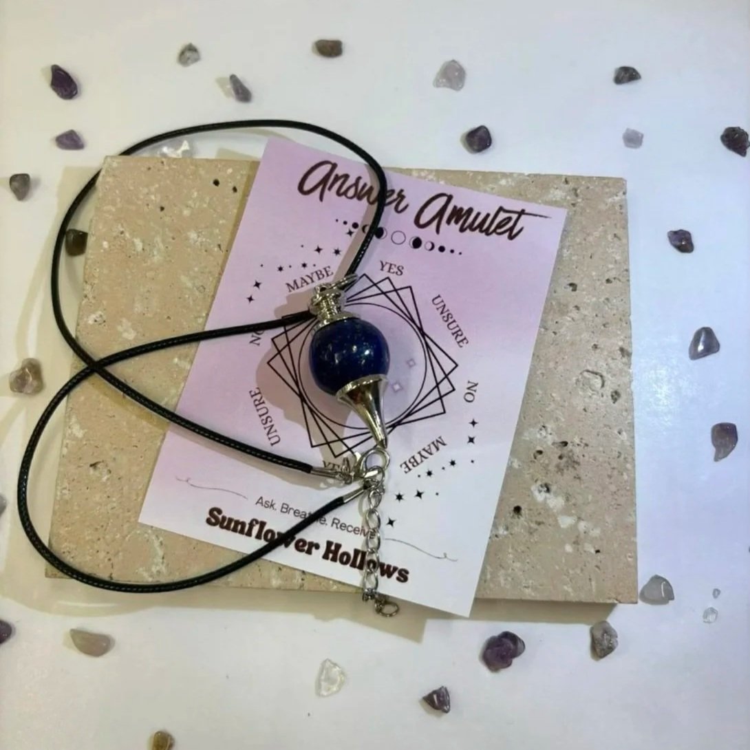 Lapis Lazuli crystal pendulum necklace with divination board card by Sunflower Hollows