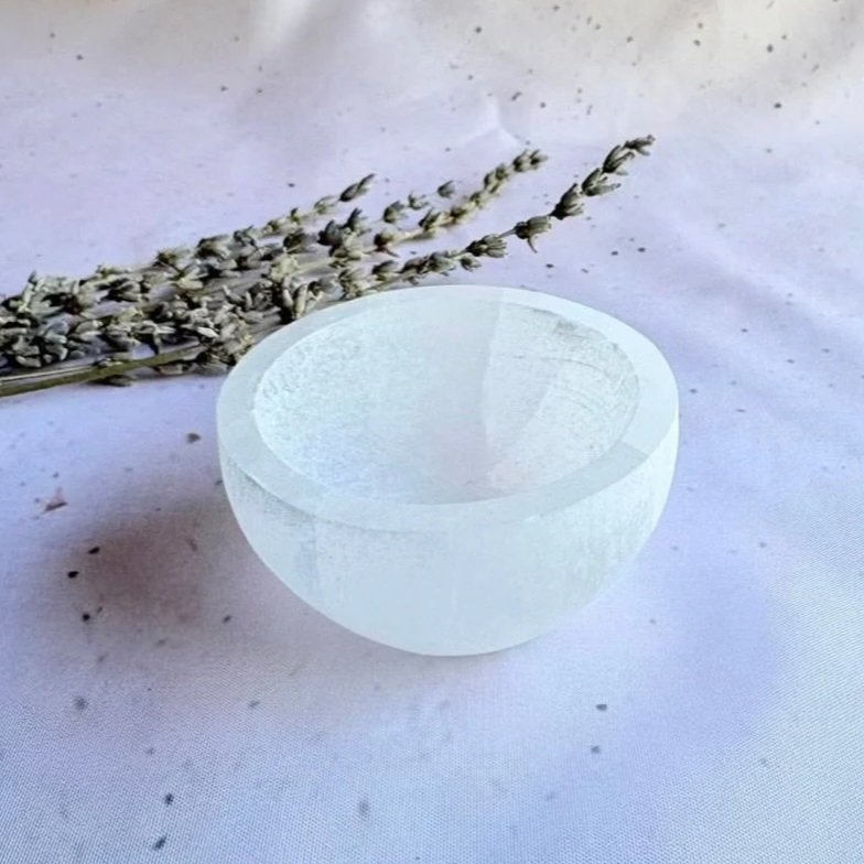 Satin Spar bowl from Morocco measuring approximately 7cm wide