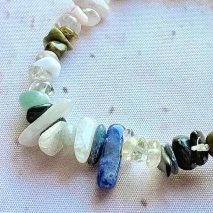Stretch crystal bracelet made from a variety of natural gemstone chips