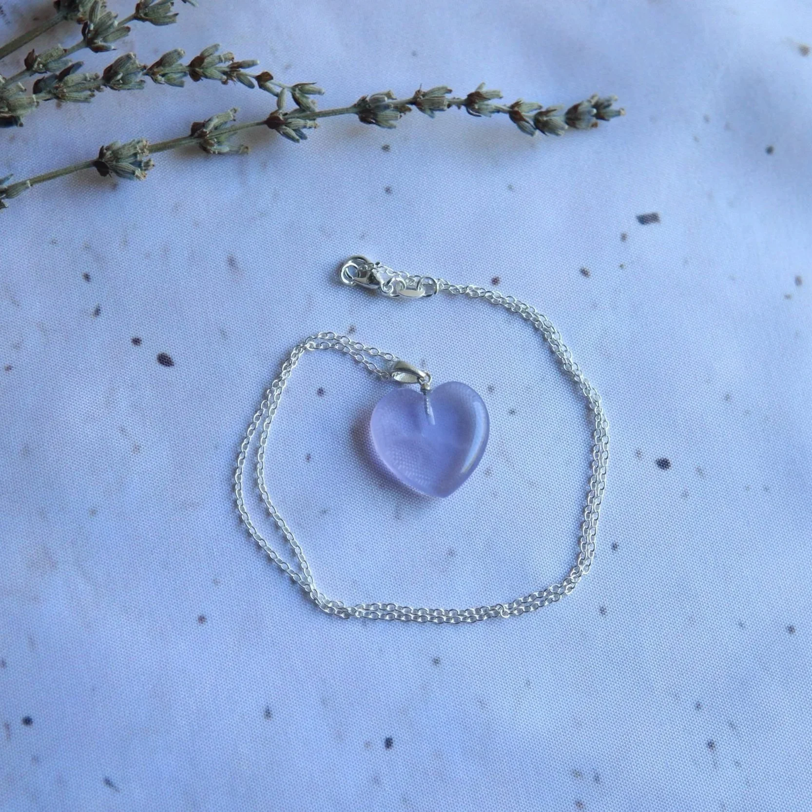 Lavender Fluorite crystal heart pendant with sterling silver bail and chain