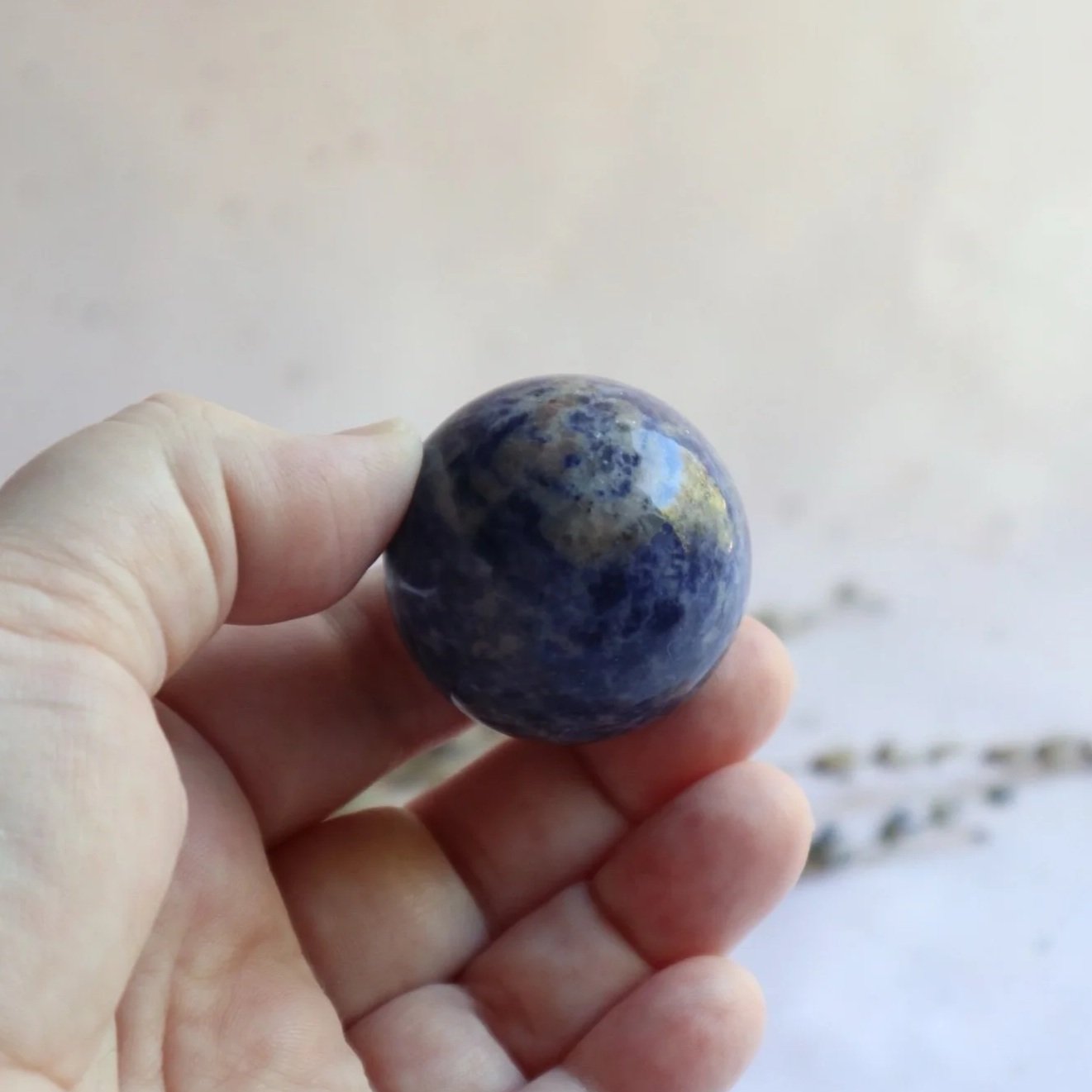 Sodalite crystal sphere approximately 11cm circumference