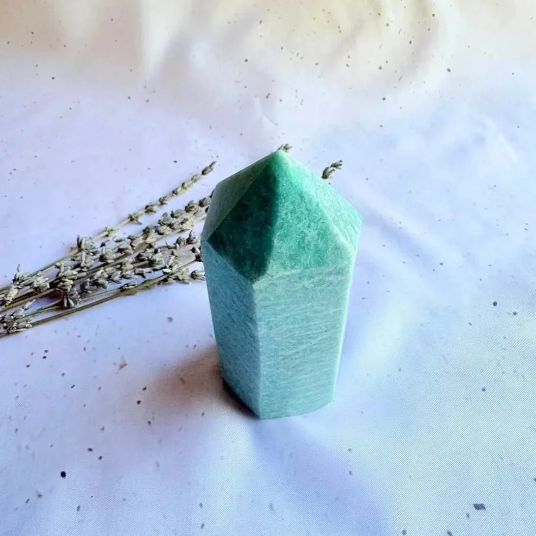 Natural Amazonite crystal tower displaying green and blue tones