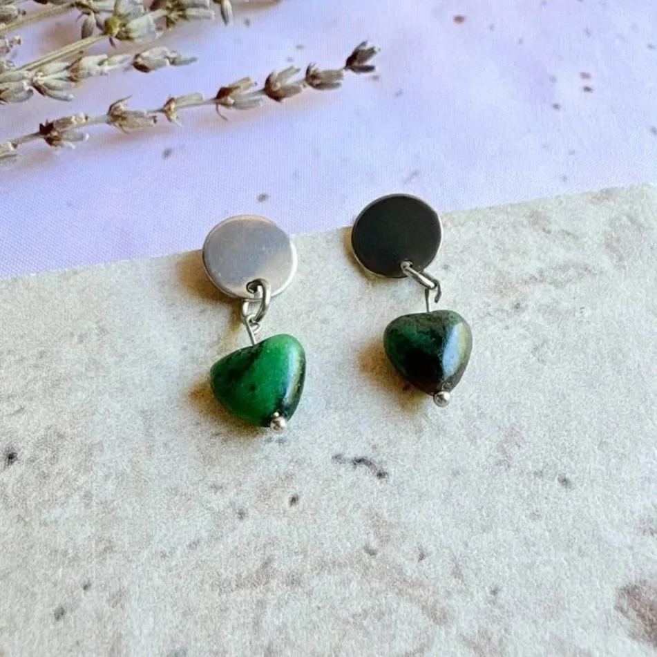 Natural Ruby Zoisite heart earrings featuring green Zoisite and ruby inclusions