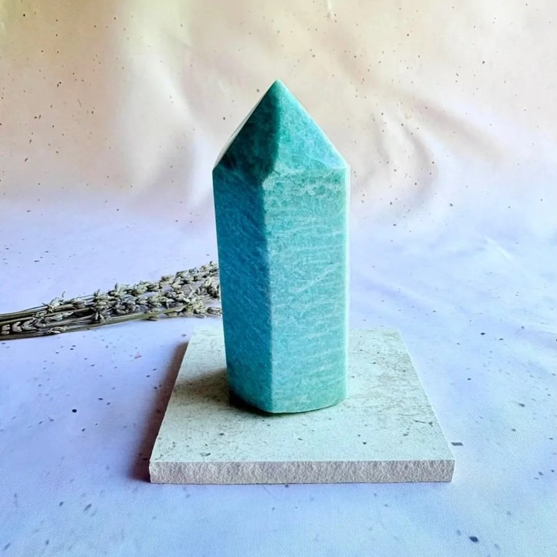 Amazonite tower associated with communication, confidence, and emotional balance