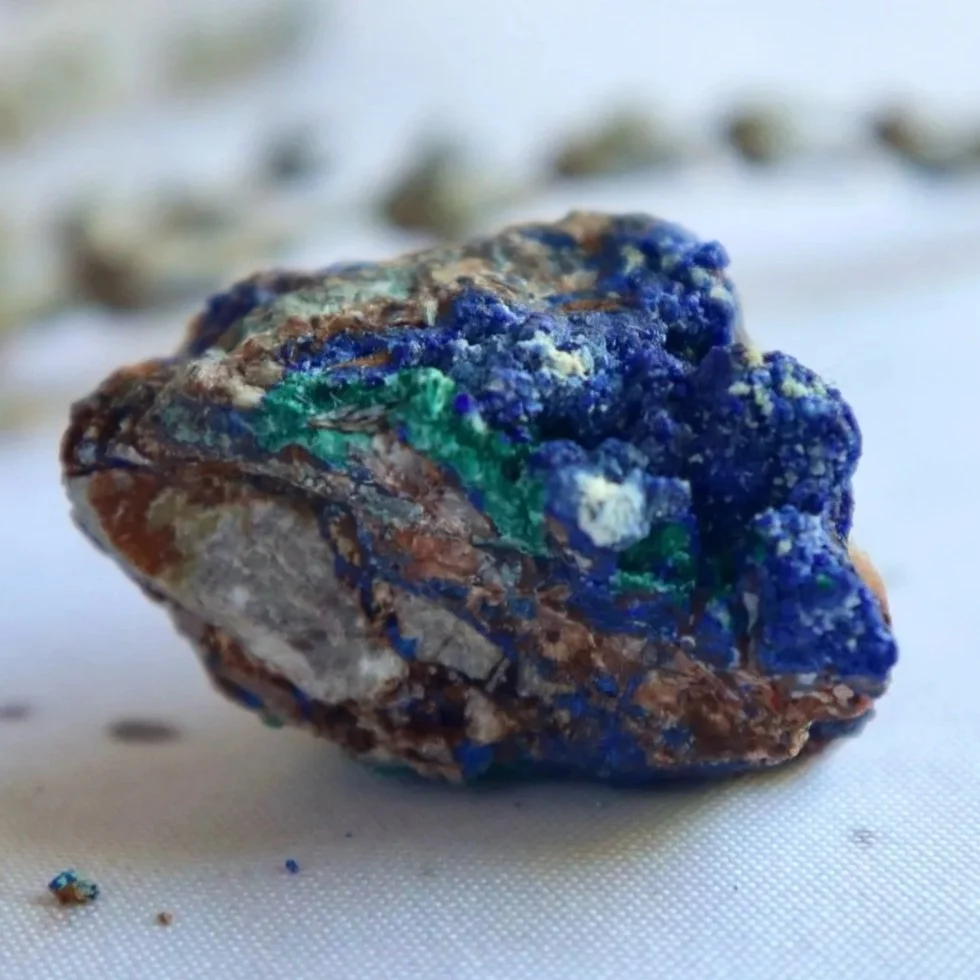 Close-up of the blue and green patterns on an Azurite Malachite specimen.