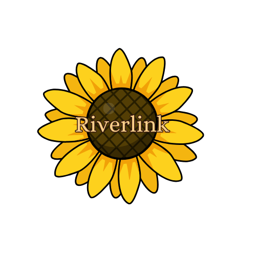 A sunflower graphic with a black center and yellow petals, with the word "Riverlink" written across the center.