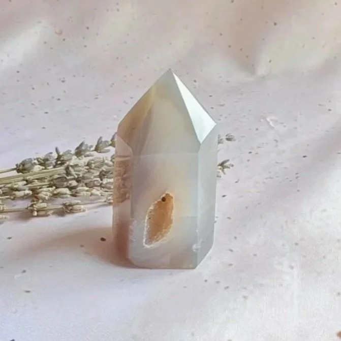 Polished Agate Geode Tower with natural crystal-filled geode formation