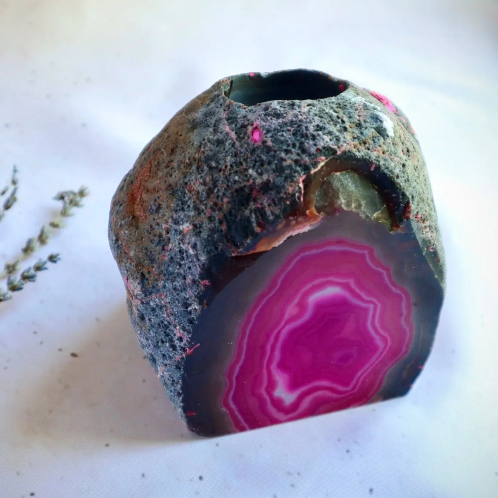 Large Pink Dyed Agate crystal candle holder handcrafted from Brazilian agate.