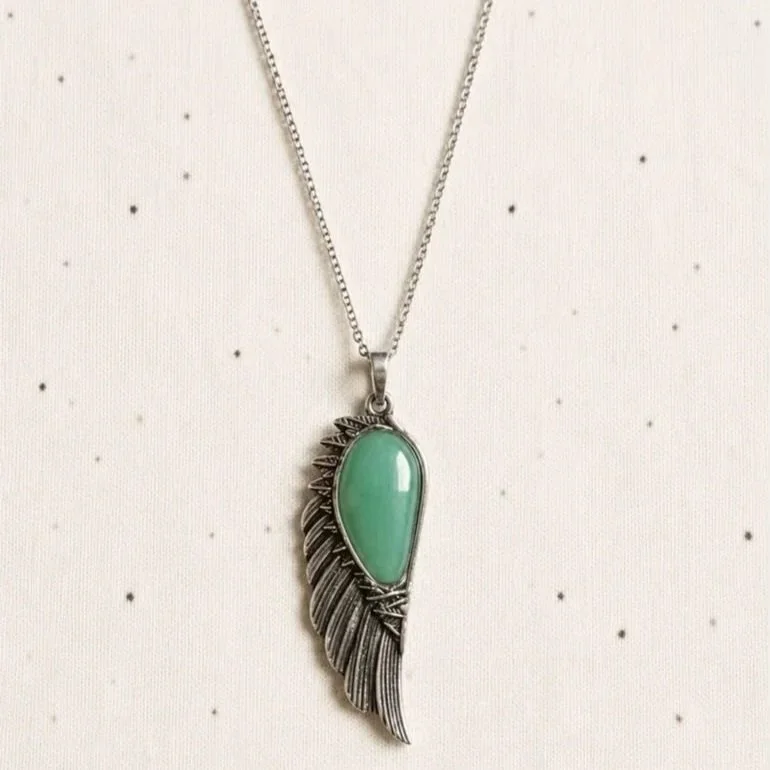 Green Aventurine wing necklace featuring a natural gemstone and stainless steel chain