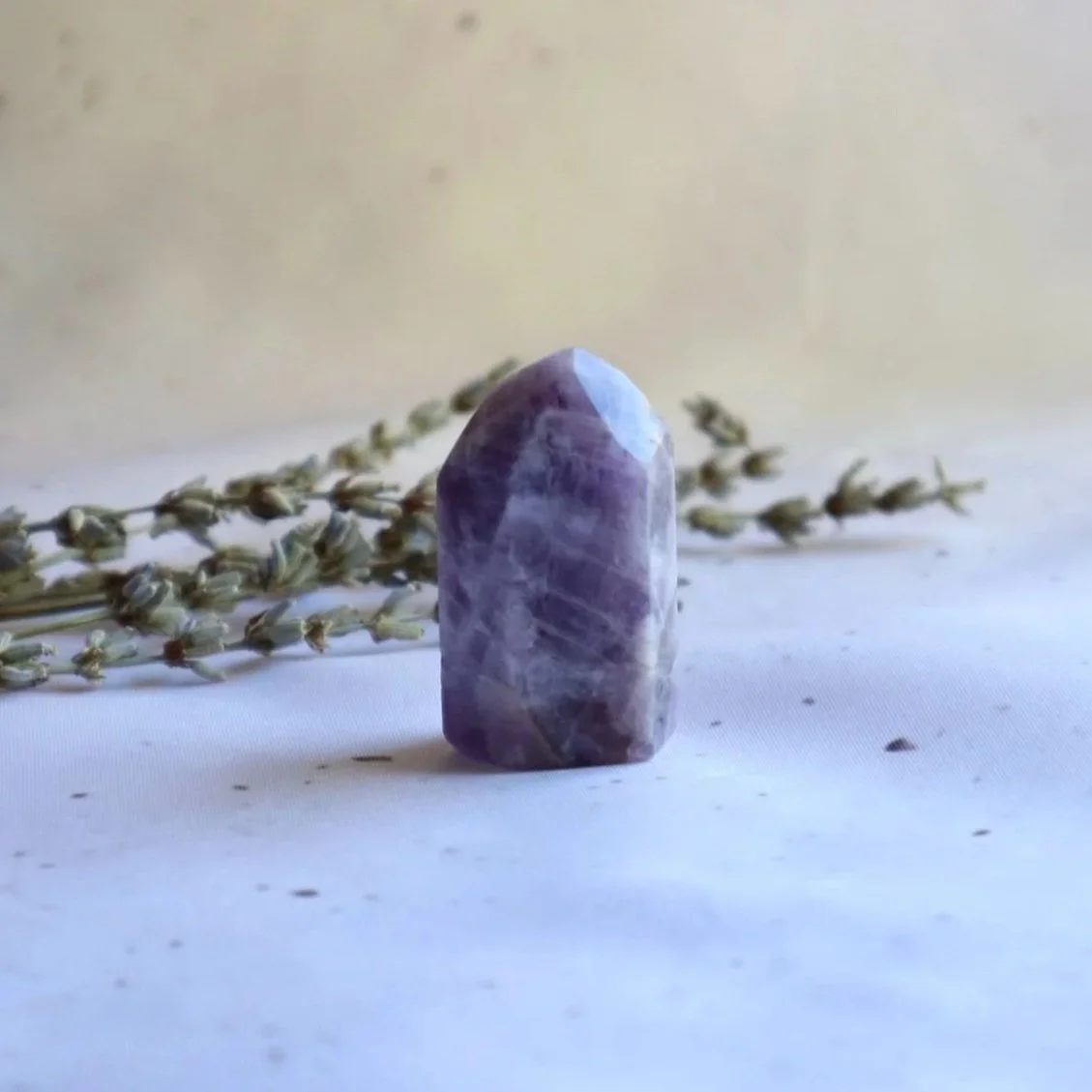 Chevron Amethyst crystal tower with purple and white banding