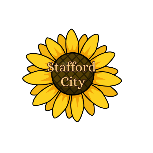 Sunflower with brown center that says "Stafford City" in pink text, against a black background.