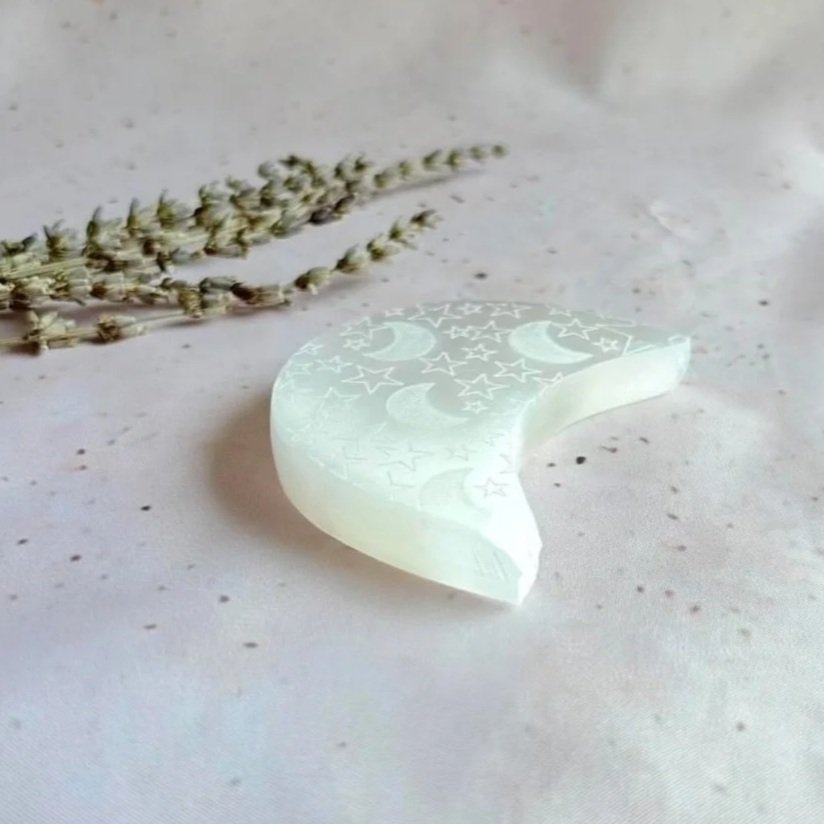Natural Satin Spar crystal charging plate with celestial moon and stars engraving