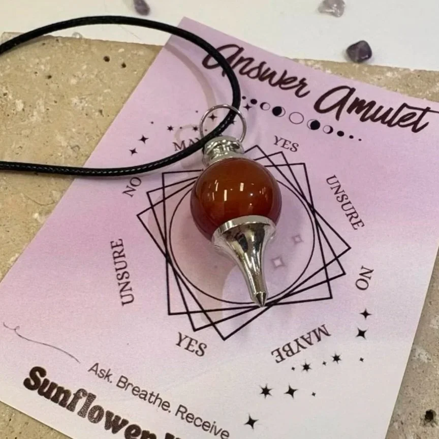 Carnelian crystal pendulum necklace with divination board card by Sunflower Hollows