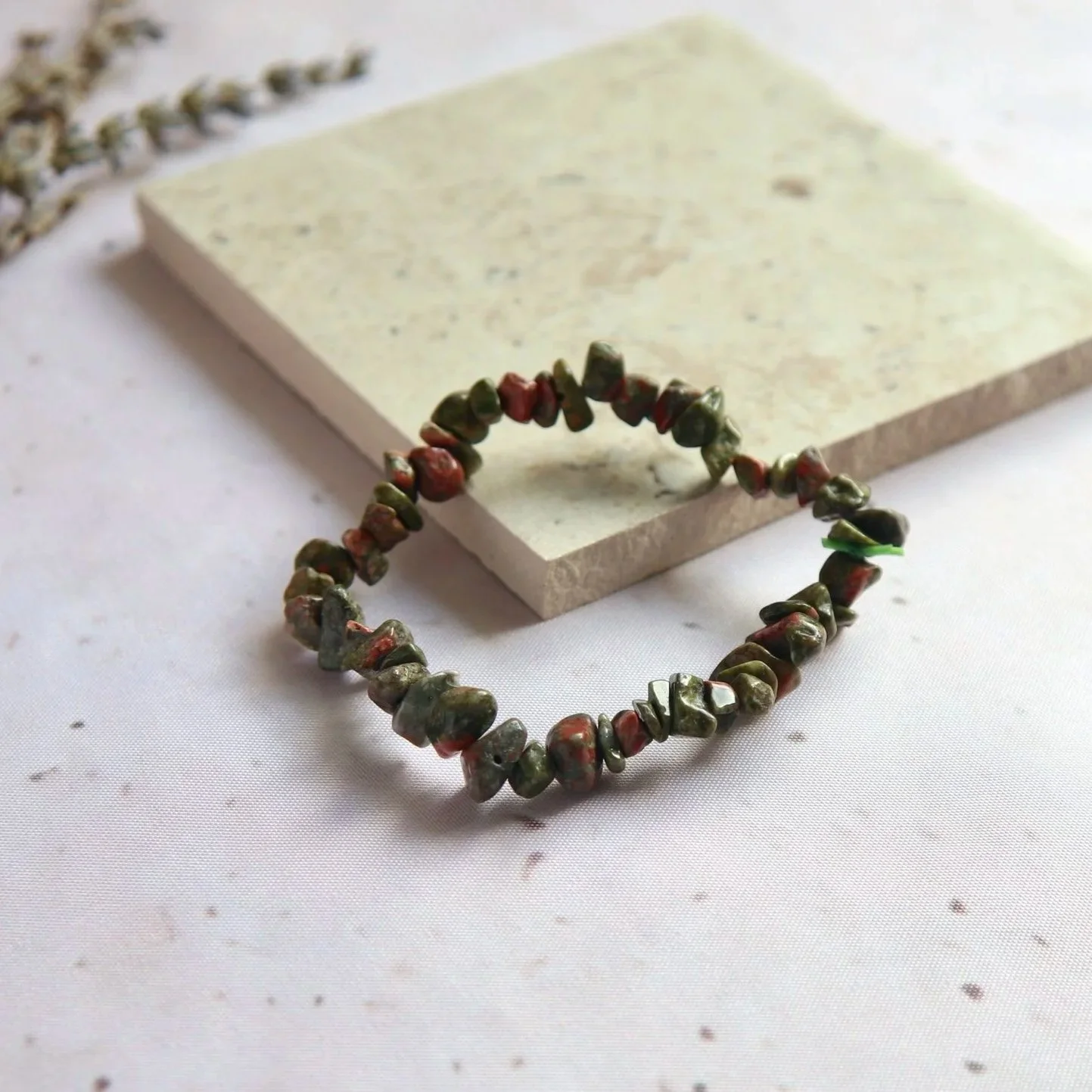 Unakite bracelet with earthy green and soft pink tones and natural variations
