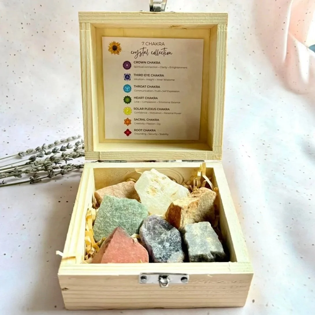 7 Chakra Crystal Gift Box containing seven natural rough crystals