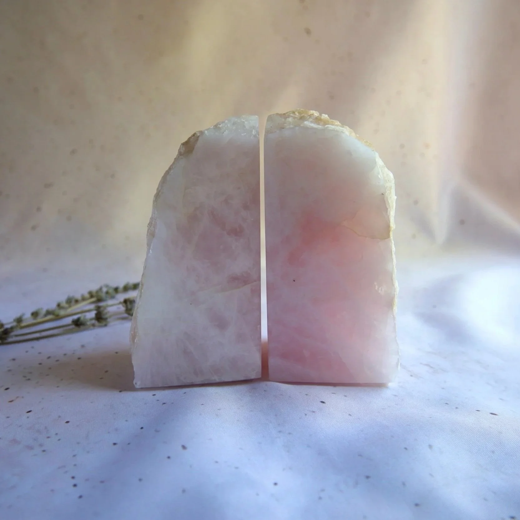 Rose Quartz Crystal Bookend Pair with rough and polished surfaces