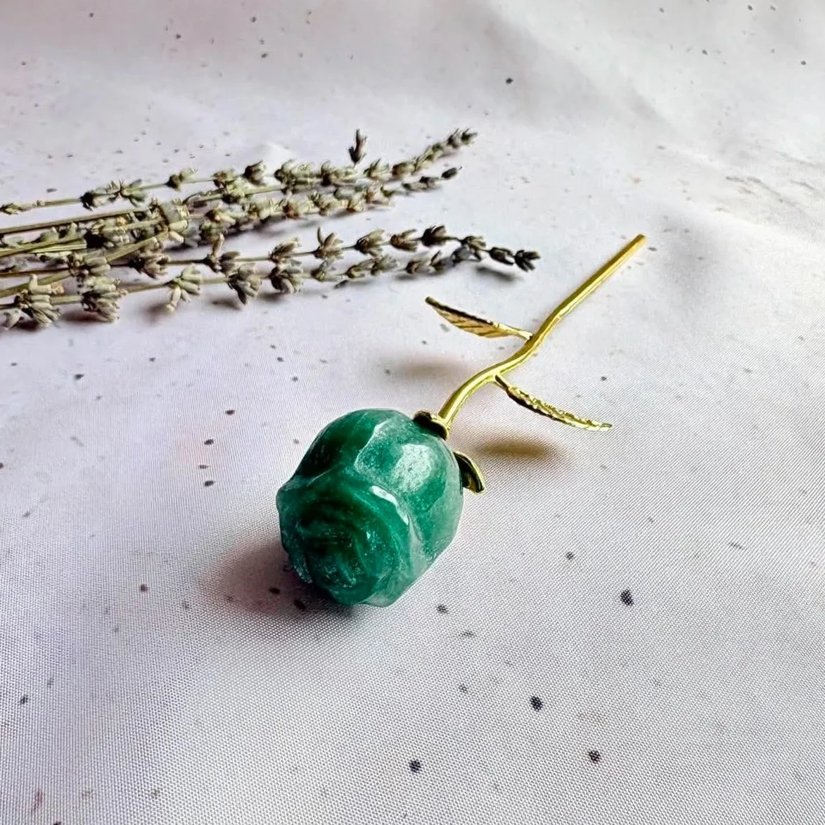 Green Aventurine crystal rose with a gold stem and decorative leaf detail